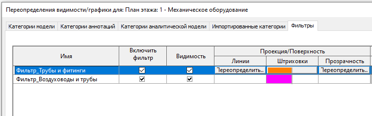Тут первым в списке идёт фильтр для труб и фитингов, который красит их в оранжевый