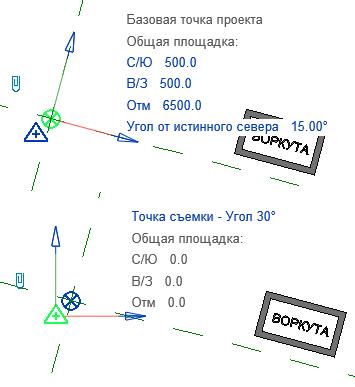 Настройки базовой точки и точки съёмки в Воркуте после передачи координат в площадку Угол 30°