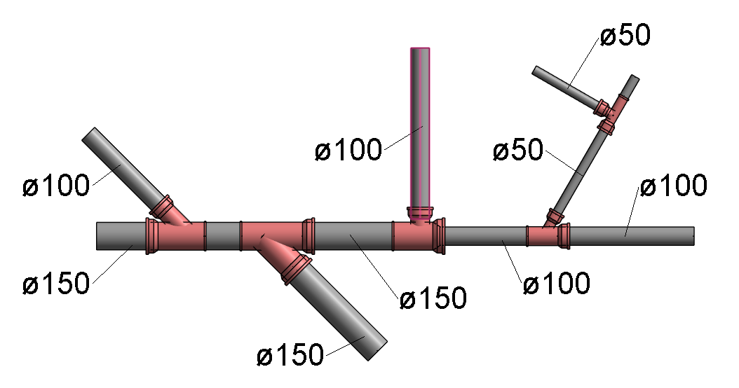 Тройник работает для трёх диаметров: 50, 100 и 150