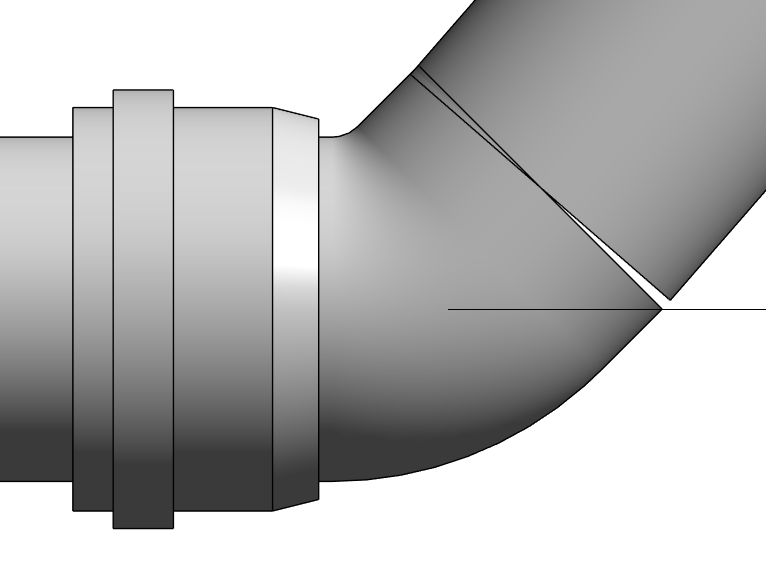 При этом видно, что появился зазор между отводом и трубой, то есть отвод не перестроился и так и остался под 45°