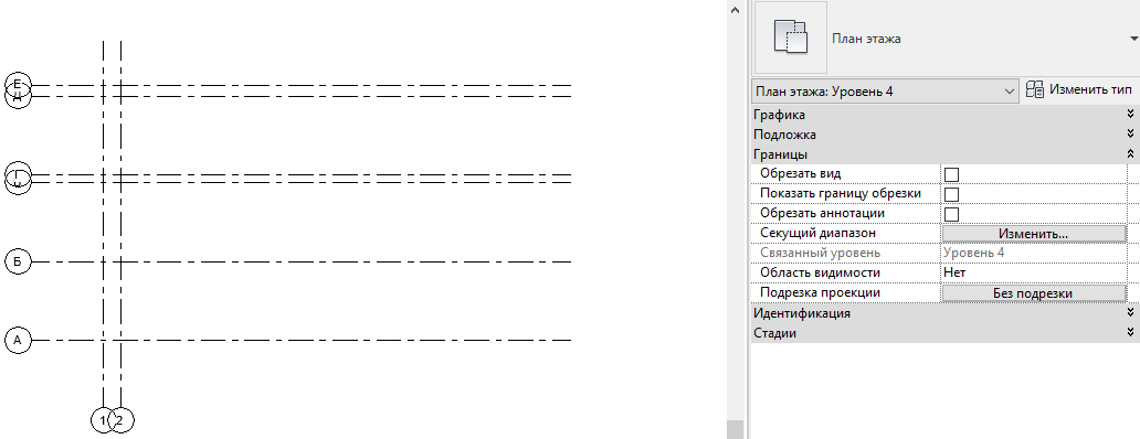 На плане 4 этажа не указана область видимости, поэтому оси, которое назначена область, не отображаются