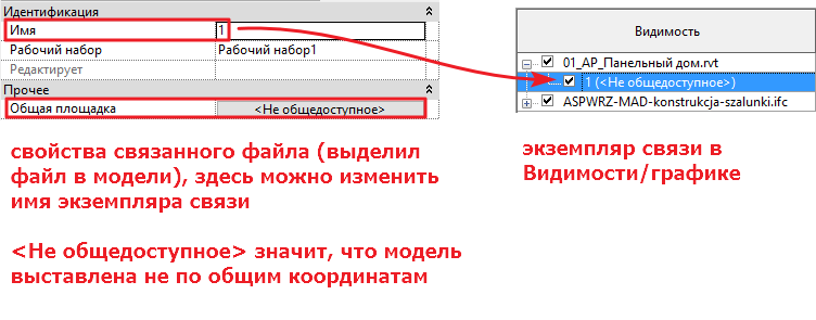 Имя в свойствах связанного файла и имя экземпляра связи в видимости/графике одно и то же