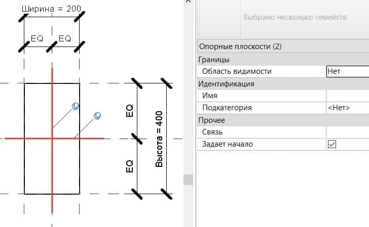 Точка вставки семейства лежит на пересечении красных линий