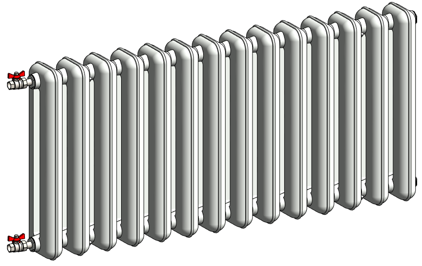 Чугунный секционный радиатор МС-140М-500, арматура — шаровые краны со сгоном