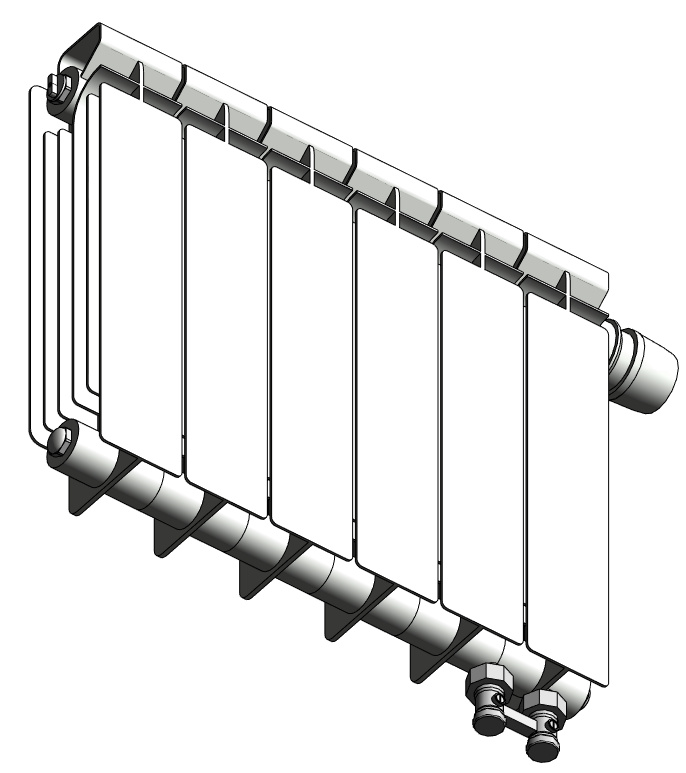 Секционный радиатор с узлом нижнего подключения справа, прямой H-образный клапан 