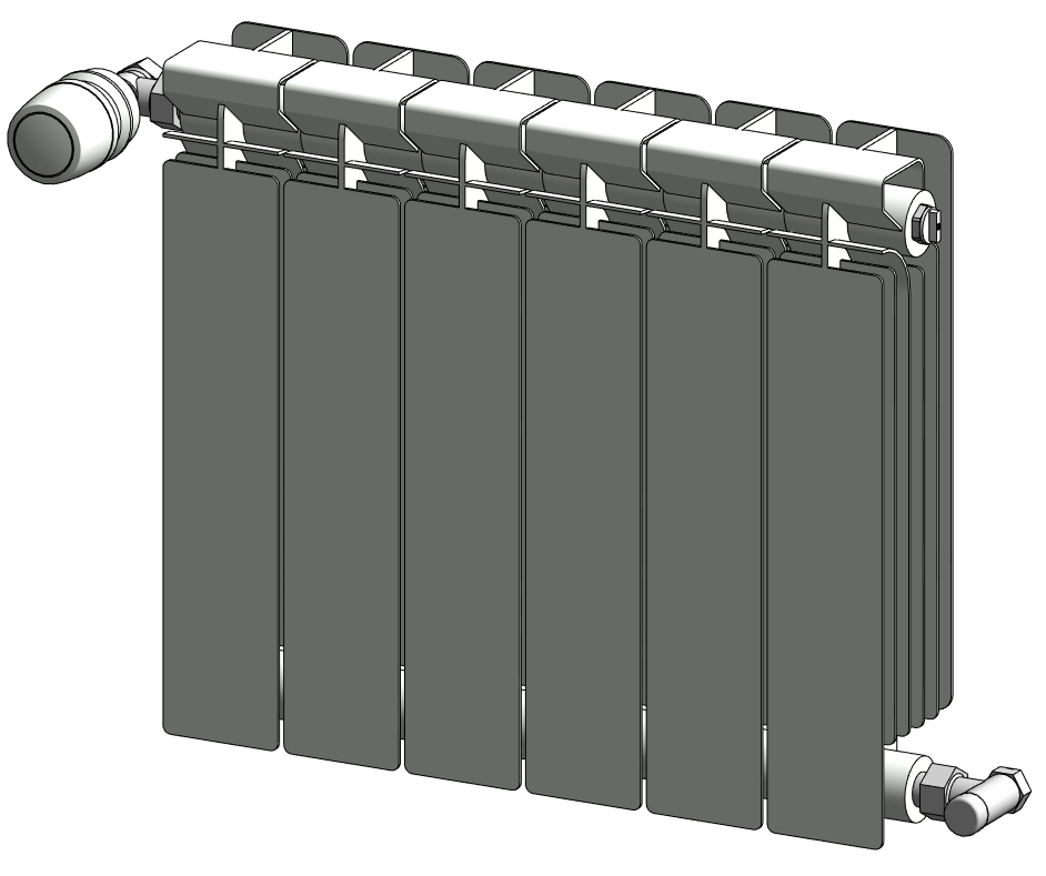 Угловой термостатический клапан с терморегулятором и угловой запорный клапан на приборе с боковым диагональным подключением