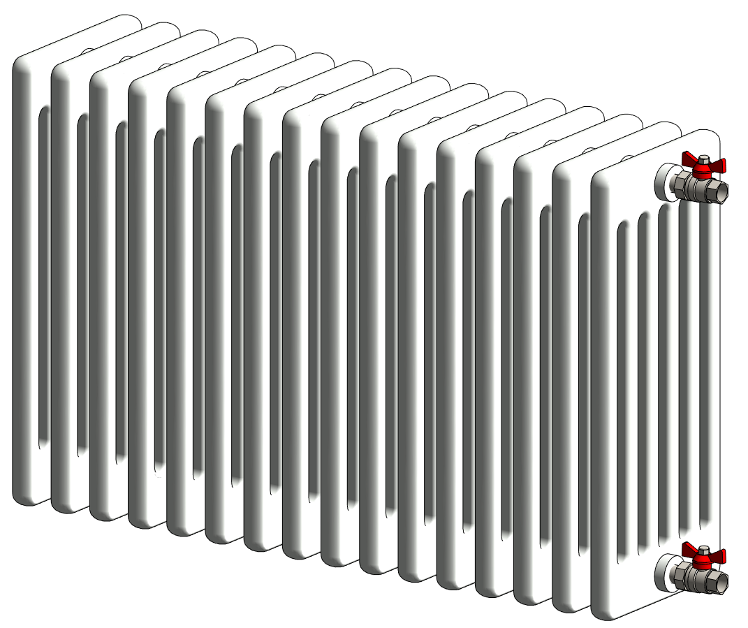 Шеститрубный радиатор с прямым боковым подключением через шаровые краны со сгоном и внутренней резьбой