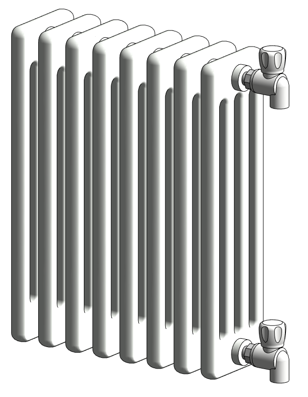 Четырехтрубный радиатор с угловым боковым подключением через полипропиленовые шаровые краны со сгоном